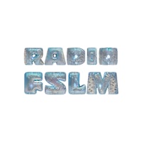 the word radio fslm in blue letters on a white background